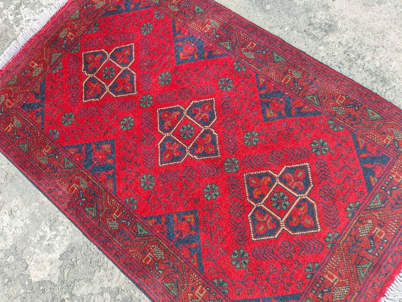 Afghan Vintage rug 2'6x4'5 ft Hand-knotted High Pile Soft Wool Carpet Khal Muhammadi Area rug, Antique Turkmen Bukhara Red rug, Oriental Rug image 3