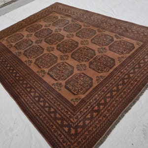 Terracotta 1920s Antique Area Rug 7x9 Low Pile Faded Rug, Afghan Handmade Wool Rug, Collector Piece Oriental Turkmen Ersari One of Kind Rug
