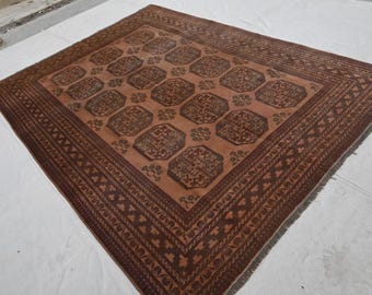 Terracotta 1920s Antique Area Rug 7x9 Low Pile Faded Rug, Afghan Handmade Wool Rug, Collector Piece Oriental Turkmen Ersari One of Kind Rug