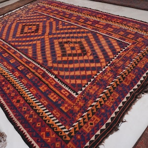 1920s Antique Afghan rug 9&#39;5x13&#39;3 ft Turkmen Flatweave Kilim Rug, Yellow Navy Black Vintage Rug, Living Room Rug, Nomadic Tribal Area Rug