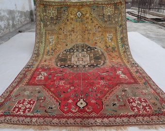 6x10 Collectors Piece 1920s Antique Low pile Distressed Faded Rug, Handmade Geometric, Afghan Caucasian Tribal Style, Oriental Pictorial Rug