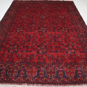 Afghan Bukhara rug 6x8 Oriental Turkmen Hand-Knotted rug 180x240 cm High Pile Vintage Carpet In Excellent Condition, Tribal Rug, Afghan rug