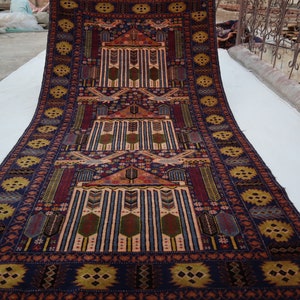 Vintage Pictorial rug 4x8 ft Afghan Navy blue Baluchi Carpet, High Pile Soft Wool rug, Hand-knotted Oriental Area rug, Tribal Antique Carpet
