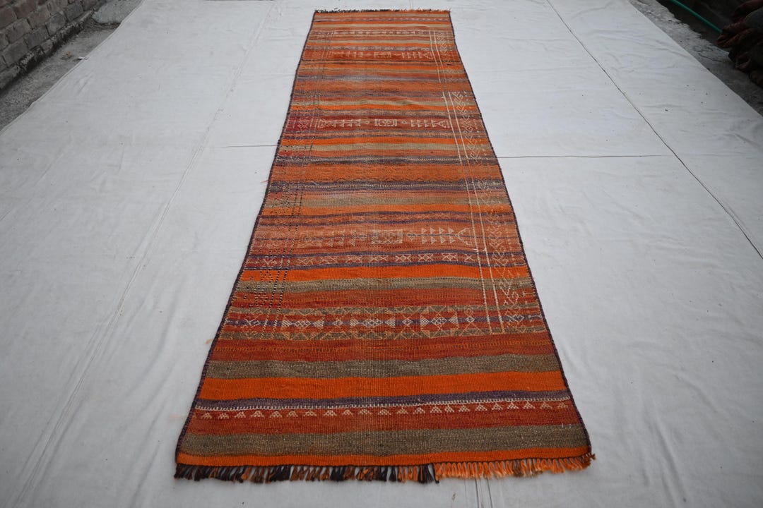 1920s Antique 3x11 Runner Rug, Terracotta Old Rug, Flatweave Kilim Rug ...