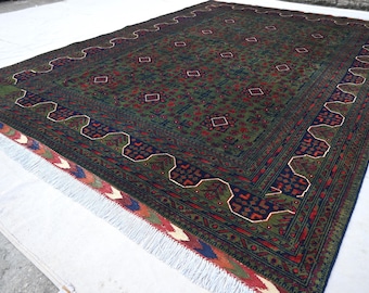 7x10 Dark Green Afghan Rug, Hand Knotted Wool Rug, Khal Muhammadi Bukhara Rug Stunning Turkmen Tribal Area Rug, Vintage Oriental Nomadic rug