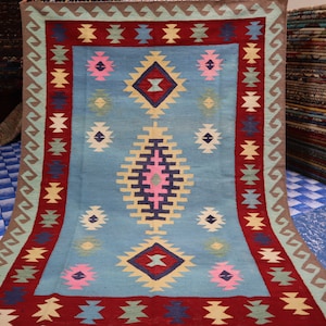 Blue Red Pink Brown Yellow Afghan Rug 4&#39;10x6&#39;8 Stunning Handmade Kilim Rug 150x200 cm Flatweave Oriental Turkmen Rug, 5x7 Area Rug Bedroom
