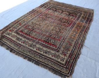 1900s Antique Rug 4x5 Geometric Terracotta Rug, Afghan Caucasian