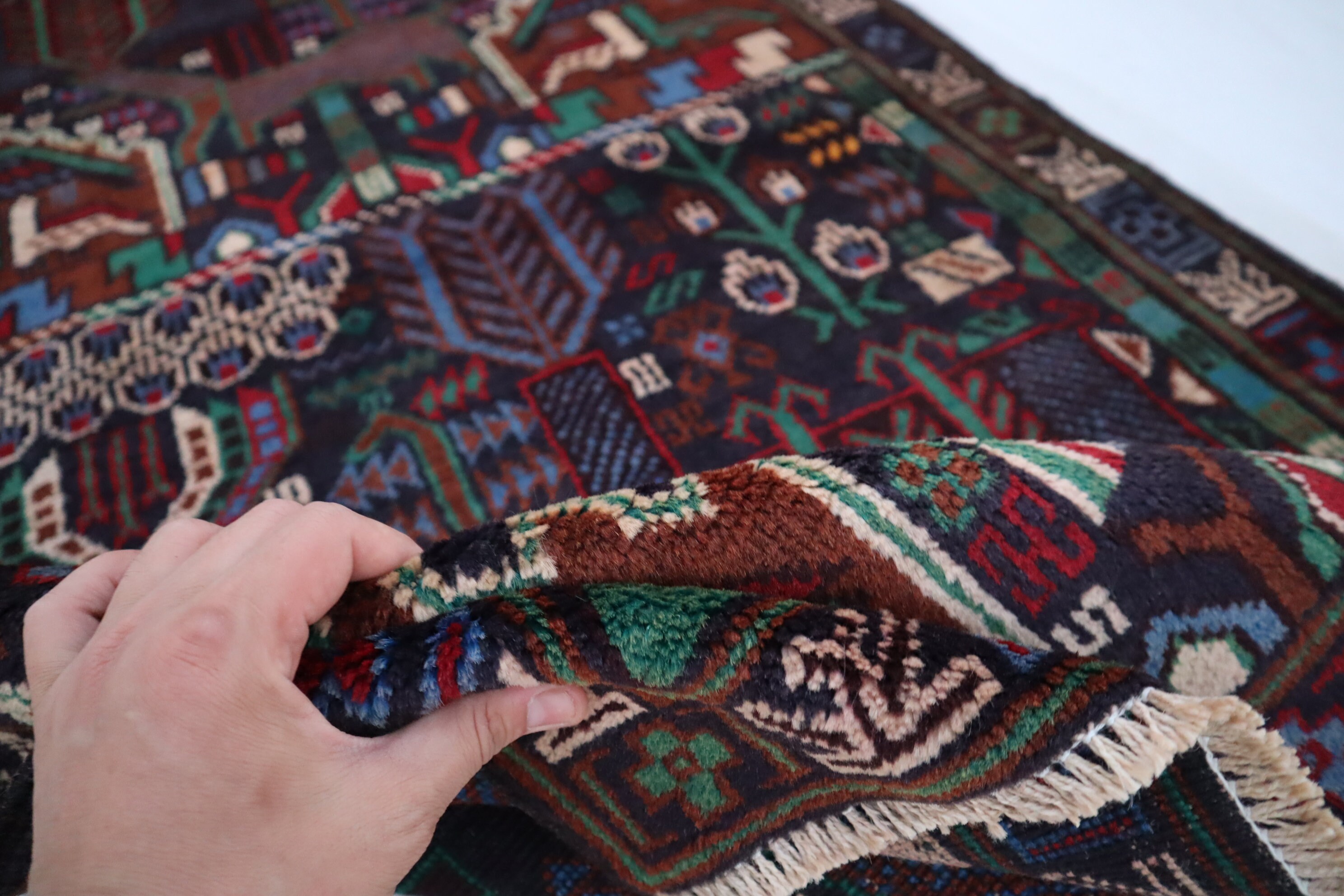 Vintage Pictorial Runner Rug 3'2x9'3 Afghan Navy Blue Baluchi Rug