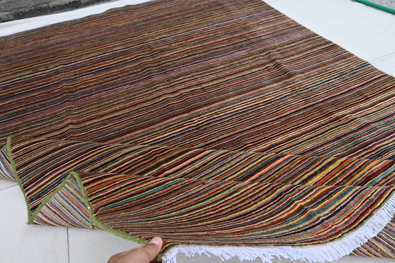7x10 Afghan Striped Rug, Multi colors Used Turkmen Handmade Wool Rug, Oriental Gabbeh Area Rug Natural Dyes Rug, Living Room Rug Bedroom Rug