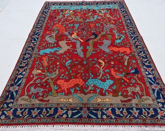 7x10 Afghan Pictorial Rug 6&#39;9x9&#39;9 ft Turkmen Handmade Rug, Oriental Red Orange Blue Large Area Rug, Tigers Animals Birds Trees Kids Room Rug