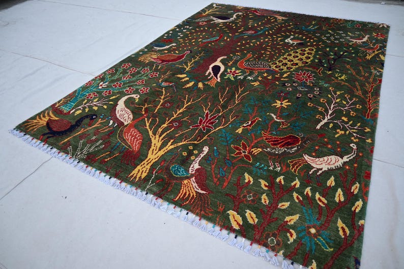 5x7 Green Pictorial Rug, Afghan Rug, Handmade Fine Wool Rug, Peacocks