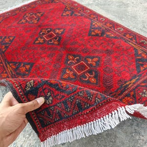 Afghan Vintage rug 2'6x4'5 ft Hand-knotted High Pile Soft Wool Carpet Khal Muhammadi Area rug, Antique Turkmen Bukhara Red rug, Oriental Rug image 6