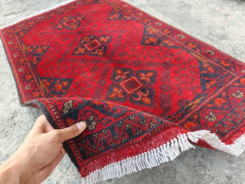 Afghan Vintage rug 2'6x4'5 ft Hand-knotted High Pile Soft Wool Carpet Khal Muhammadi Area rug, Antique Turkmen Bukhara Red rug, Oriental Rug image 6