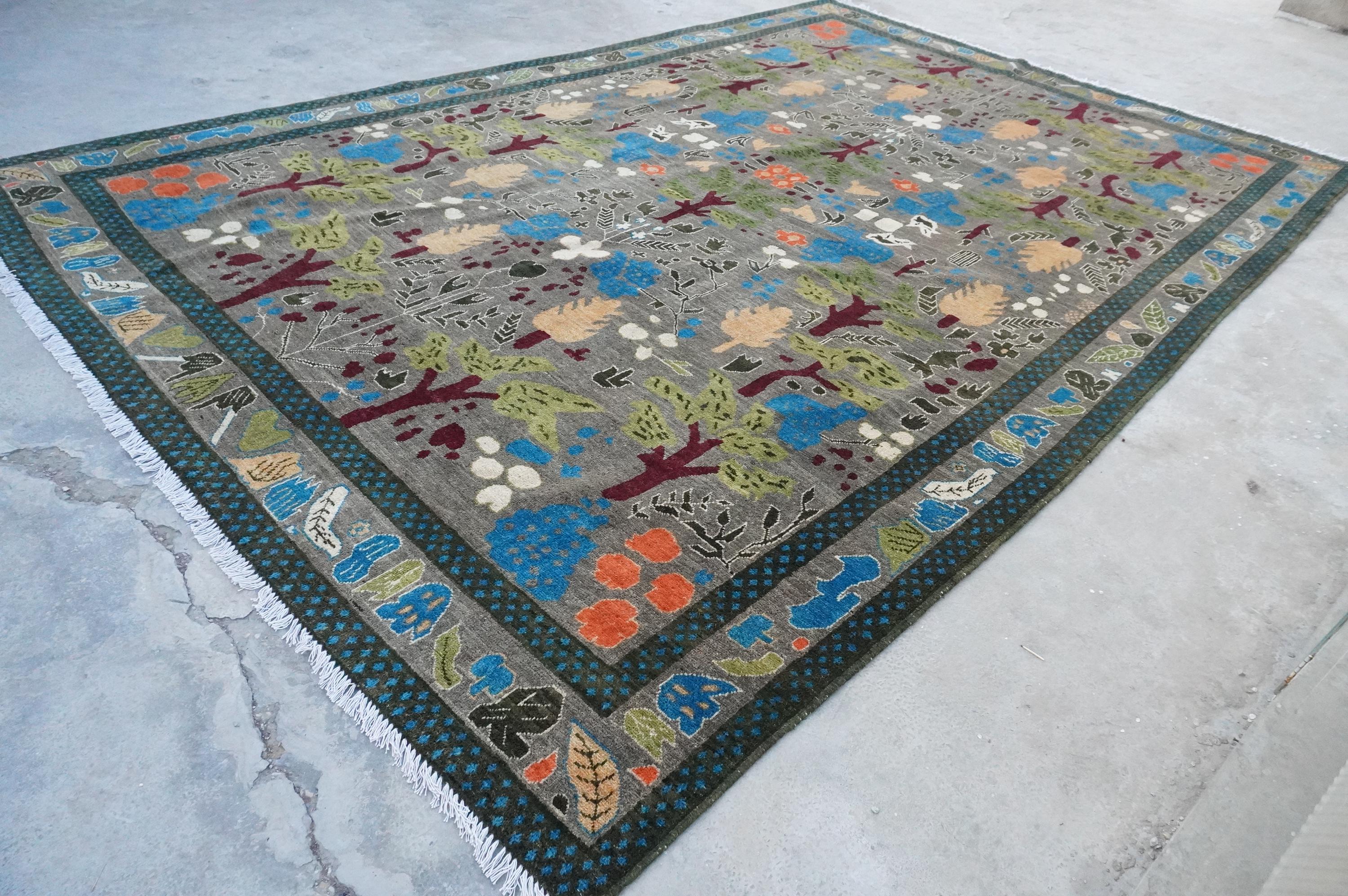 Gray Pictorial Rug 8x12 Afghan Handmade Wool Area Rug 250x370 Cm