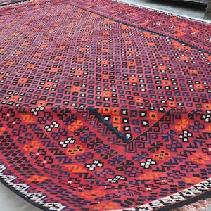 Antique Afghan Kilim Rug: 10x15 Terracotta Brown Turkmen Flatweave