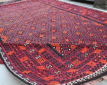 Antique Afghan Kilim Rug: 10x15 Terracotta Brown Turkmen Flatweave