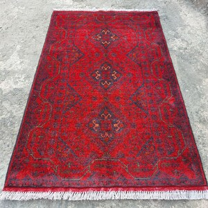 Afghan Vintage rug 2'6x4'5 ft Hand-knotted High Pile Soft Wool Carpet Khal Muhammadi Area rug, Antique Turkmen Bukhara Red rug, Oriental Rug image 8