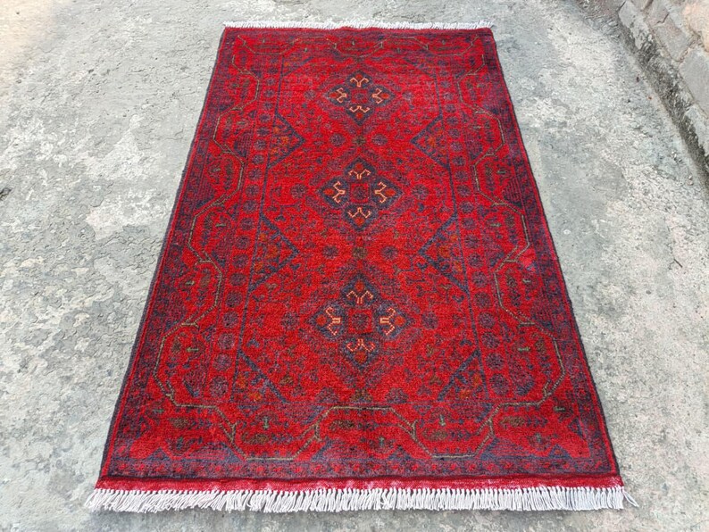 Afghan Vintage rug 2'6x4'5 ft Hand-knotted High Pile Soft Wool Carpet Khal Muhammadi Area rug, Antique Turkmen Bukhara Red rug, Oriental Rug image 8