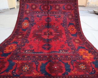 Afghan Bukhara rug 3x5 Oriental Turkmen Hand-Knotted rug 100x150 cm High Pile Vintage Carpet In Excellent Condition, Tribal Rug, Afghan rug