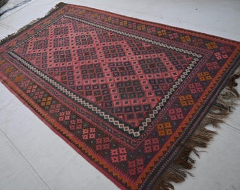 Tappeto Kilim Ghalmoori afghano geometrico 5x9, tappeto Kilim antico a tessitura piatta, tappeto nomade turkmeno orientale, grande tappeto Kilim vintage per soggiorno