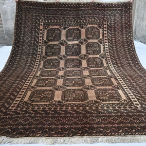 Terracotta Rug, Antique 1940s Rug 7x9 Collectors Piece Rug, Vintage Afghan Ersari Rug Handmade Wool, Low Pile Distress Faded Living Room Rug