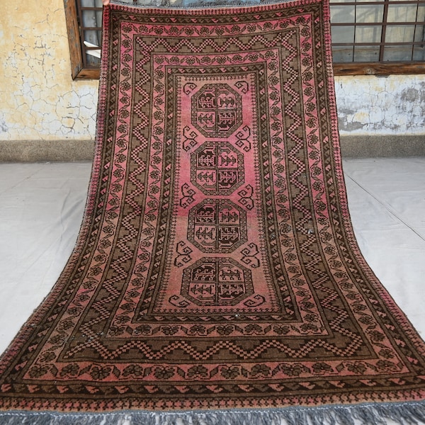 1920s Antique Rug 3'4x6'3 ft Afghan Ersari Rug Handmade Wool Area Rug, Turkmen Tribal Vintage Pinkish Faded Rug, Bedroom Rug Living Room Rug