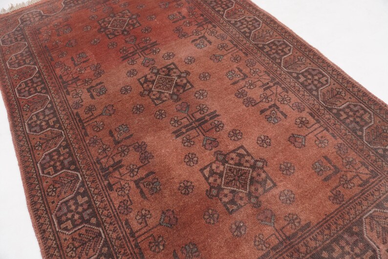 Antique Terracotta Rug 3'4x5'3" Turkmen Bukhara Rug, Handmade Afghan Wool Rug, Bedroom Rug, Office Rug, Kitchen Rug, Tribal Rug image 7