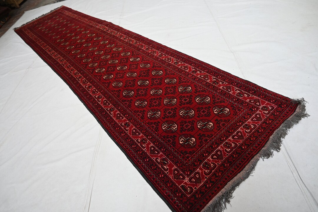 Red Mowri Rug 13 Ft Runner Rug, Afghan Rug 3x12'5 Turkmen Handmade Wool ...