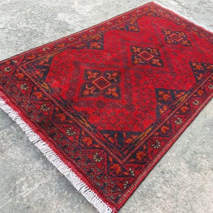 Afghan Vintage rug 2'6x4'5 ft Hand-knotted High Pile Soft Wool Carpet Khal Muhammadi Area rug, Antique Turkmen Bukhara Red rug, Oriental Rug image 10