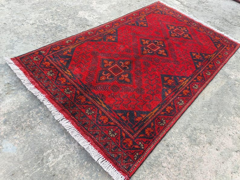Afghan Vintage rug 2'6x4'5 ft Hand-knotted High Pile Soft Wool Carpet Khal Muhammadi Area rug, Antique Turkmen Bukhara Red rug, Oriental Rug image 10