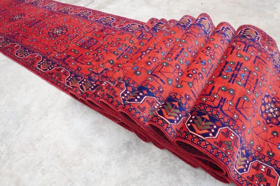 32 ft Extra long Runner rug, Hand-knotted High Pile Soft Wool rug, Afghan Tribal Bukhara rug, Oriental Long Hallway runner Stairs Runner Rug