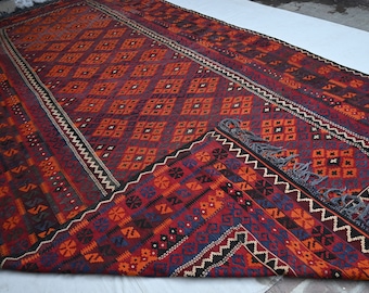 8x14 大型 1950年代 アンティーク アフガン キリム ラグ、本物の平織り