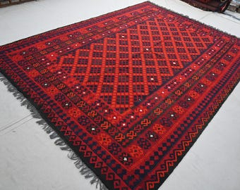 Grande tappeto vintage, tappeto Kilim Ghalmoori afghano geometrico 7x10, tappeto Kilim a tessitura piatta, tappeto nomade turkmeno orientale, tappeto per soggiorno