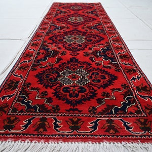 Turkmen Tekke Geometric Rug 7 ft runner rug, Afghan Vintage runner rug, Geometric design Oriental Bukhara rug, High Pile Wool Hallway runner