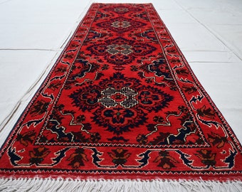 Turkmen Tekke Geometric Rug 7 ft runner rug, Afghan Vintage runner rug, Geometric design Oriental Bukhara rug, High Pile Wool Hallway runner