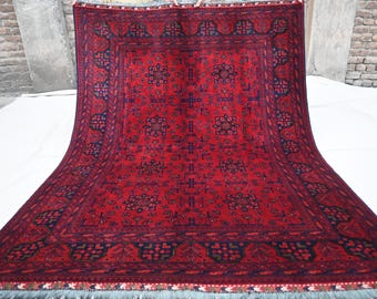 5x7 Afghan Bukhara Rug 100% Handmade fine Wool rug, Turkmen Tribal Rug, Red Dark Blue Rug, Oriental Vintage Pattern rug, Bedroom, Office rug
