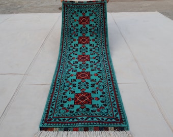 Turquoise 2x5 Afghan Bukhara runner rug, Handmade wool rug, Turkmen 5 ft Runner Rug, Khal Muhammadi Oriental Floor, Kitchen, Hallway runner