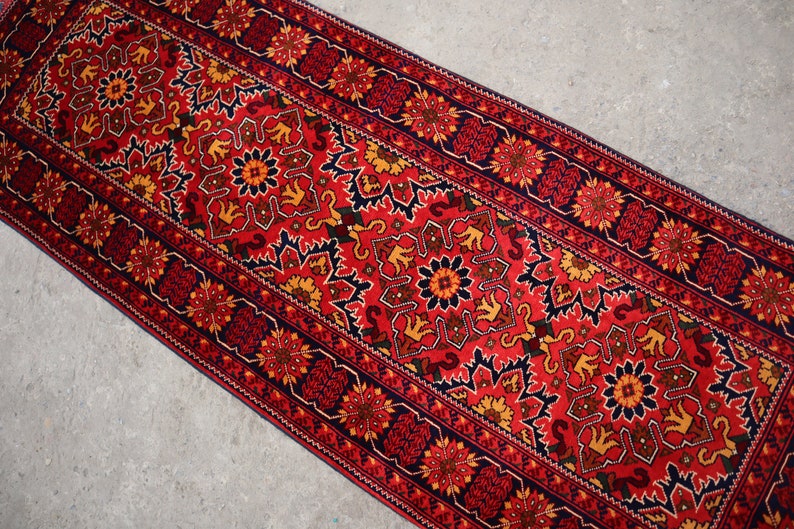 8 Ft Afghan Runner Rug, Chinar Gull Design Turkmen Handmade High