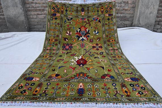 Afghan Olive Green Rug 4x6 Turkish Bijdar Sultani Rug, Handmade Wool Rug Natural Veg dye Rug, Oriental Area Rug, Entryway Office Bedroom Rug