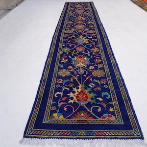 13 ft Runner Rug, Navy Blue Bijdar Rug, Afghan Handmade Wool Rug, Navy Serapi Rug, Stunning Turkmen Tribal Traditional Modern Hallway Runner