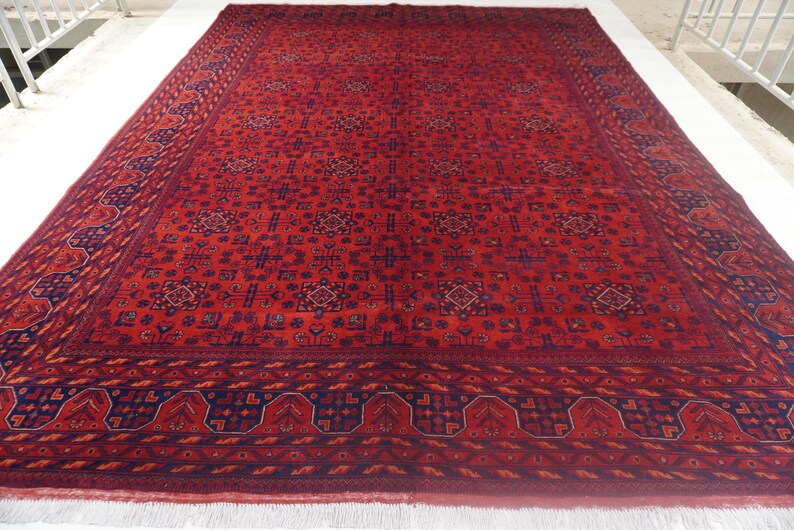 1990s Antique Rug 8'4x11'5" Turkmen Tekke Bukhara Rug Large Area Rug, Handmade Wool Rug Afghan Old Style Rug, Tribal Soft Pile Oriental Rug image 8