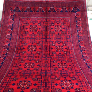 6x8 Turkmen Khal Muhammadi Fine Bukhara Rug, Afghan Handmade High Pile Soft Wool Area Rug, Red Oriental Rug, Living Room Rug, Bedroom Carpet