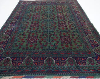 5x7 ( 160 x 210 cm ) Green Bukhara Rug, Turkmen Khal Muhammadi Area Rug, Handmade Wool Rug Oriental Rug, Living Room Rug, Modern Vintage Rug
