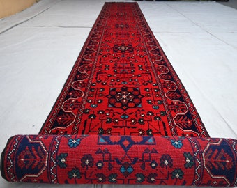 Impresionante alfombra turcomana de 9,7 m de largo, hecha a mano, de lana afgana de alta calidad, para pasillo, Bukhara Khamyab Khal Mohammadi.