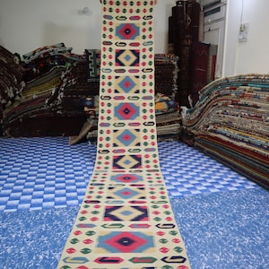 Puede incluir: Una alfombra rectangular larga con un fondo color crema y un patrón geométrico repetitivo en rojo, azul y verde. La alfombra se exhibe en una habitación con pilas de otras alfombras y un suelo a cuadros azul y blanco.