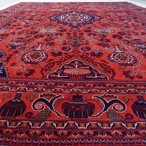13x9 ft Large Afghan Rug, Hand Knotted Zer Khaki Geometric Bukhara Rug, Oriental Turkmen Tribal Rug, Red Living room Rug Dining Table Carpet Bild 11