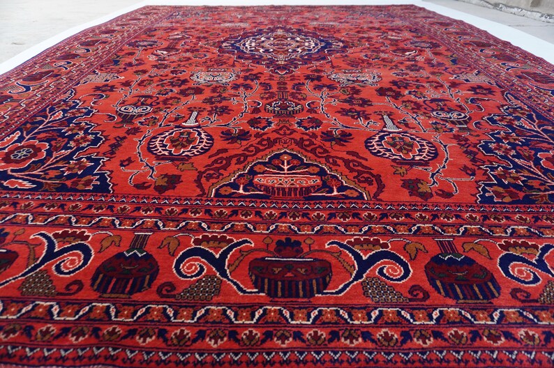 13x9 ft Large Afghan Rug, Hand Knotted Zer Khaki Geometric Bukhara Rug, Oriental Turkmen Tribal Rug, Red Living room Rug Dining Table Carpet Bild 11