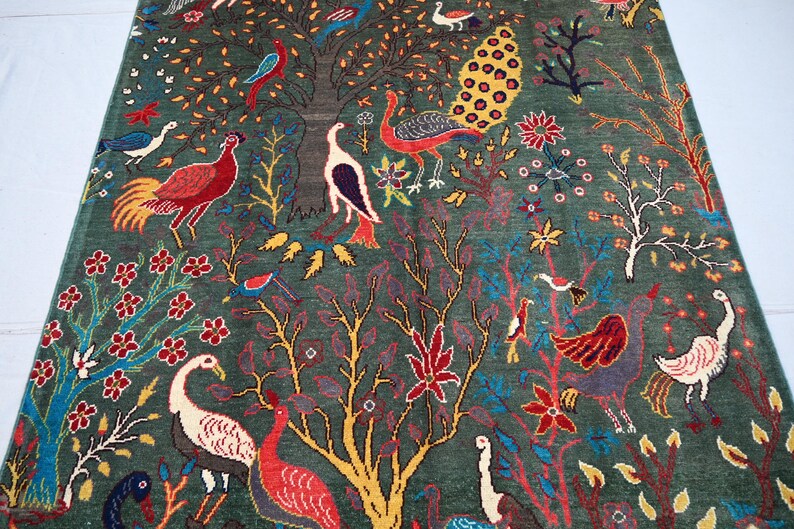 5x7 Afghan Green Pictorial Rug, Top Quality Handmade Wool Rug 150x200