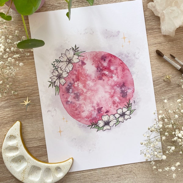 Illustration |Lune Florale | Collection Printemps | Affiche | Aquarelles | Impression d’art | Art Magique | Moon | Print | Nature