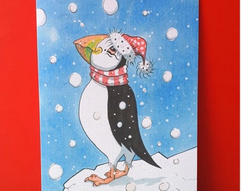 Puffin Christmas card, Macmillan Cancer Charity card, Matching Card and Tag, Puffin and snow Xmas card, Happy holidays, Funny Puffin card,